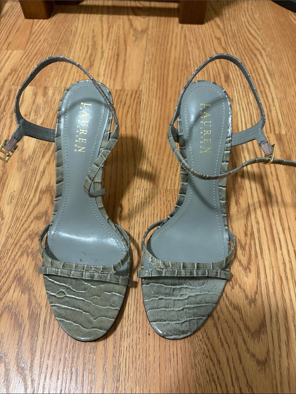 Lauren Ralph Lauren Allie Croco-Embossed Mid-Heel Sandal Grey US 8M